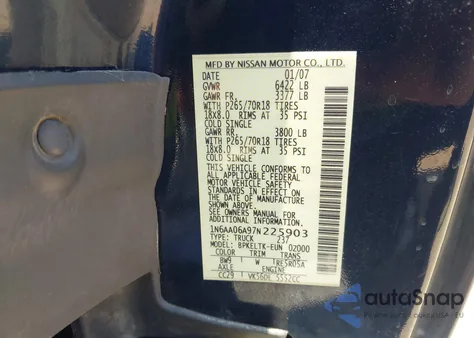 2007 Nissan Titan Se from USA, damaged, VIN 1N6AA06A97N225903